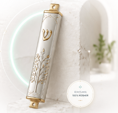 Mezouza blanche et dorée sur support en pierre avec halo lumineux